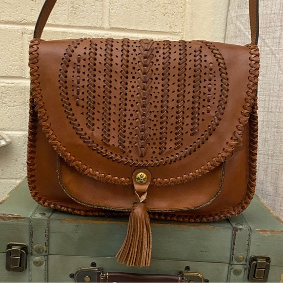 PATRICIA NASH BROWN BRAIDED FLAP W TASSEL CROSSBODY BAG GUC - Picture 1 of 12